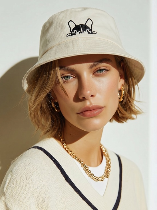 Accessories - Peekaboo Frenchie Dog Bucket Hat White Black